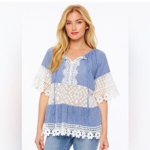 M&V Boho Lace Crochet Peasant Top L/XL Blue White